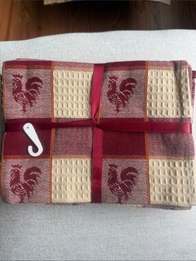 Cotton Kitchen Towel Set - Burgundy & Cream set of 5